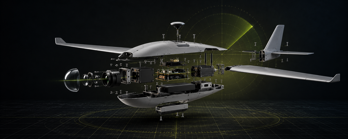 Exploded view of an unmanned aircraft with its sensor and electronics modules