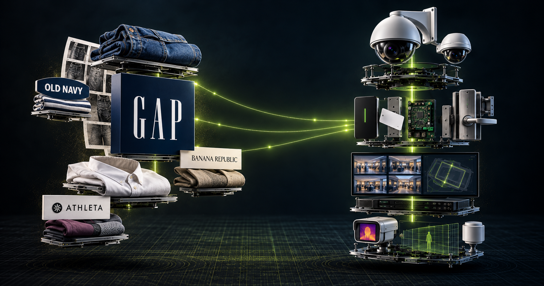 Exploded view of Gap Inc. apparel brands beside an exploded view of security hardware