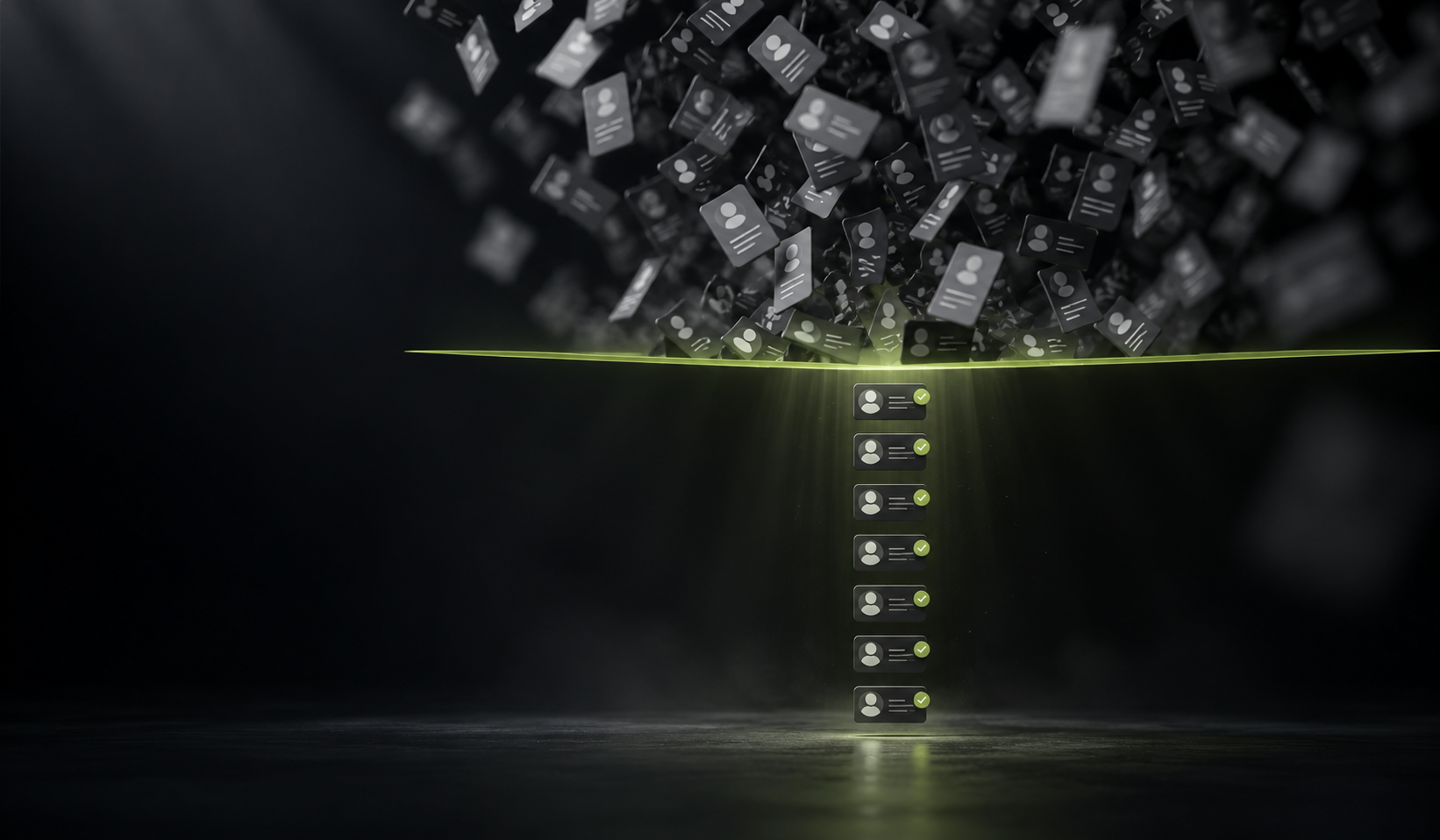 Hundreds of unverified contact cards passing through a green filter and coming out as a short column of verified security buyers