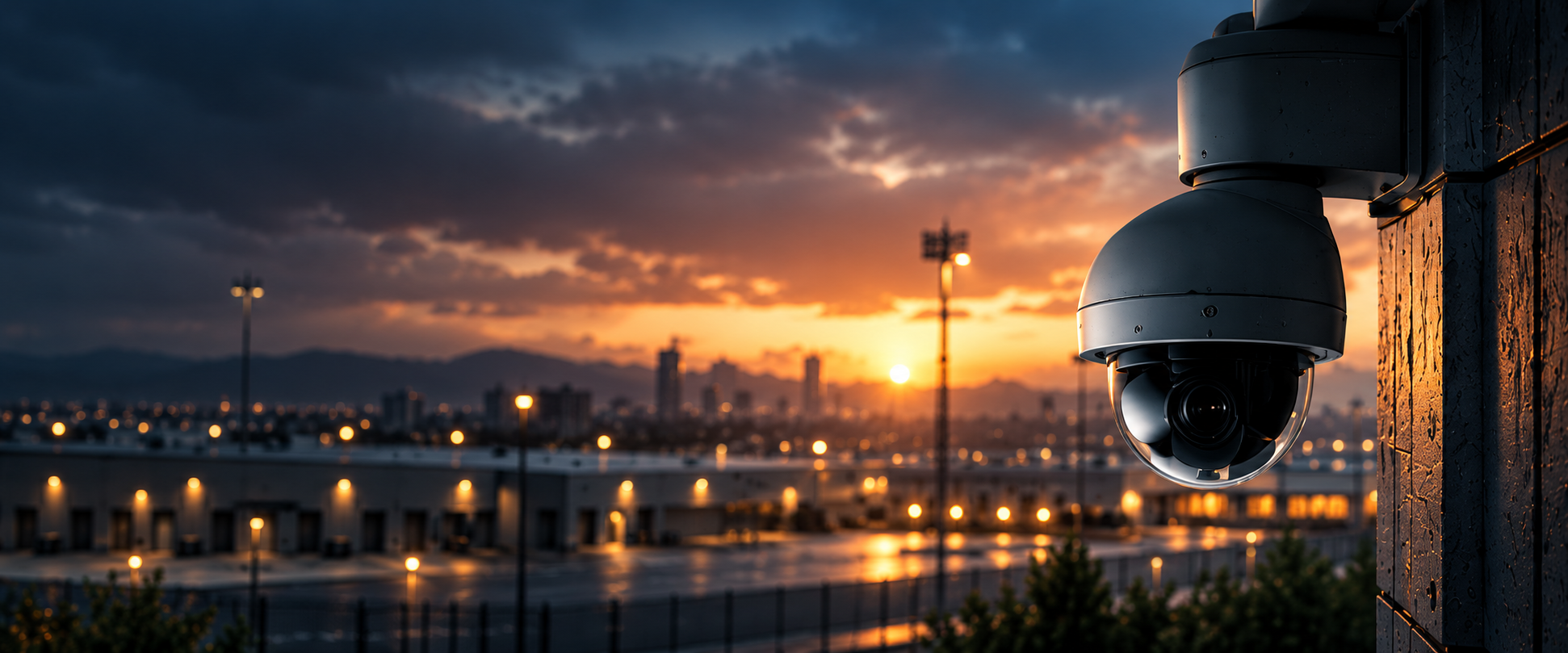 PTZ security camera overlooking an industrial facility at sunset