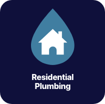 Blue square with house inside of water drop - Captioned Residential Plumbing