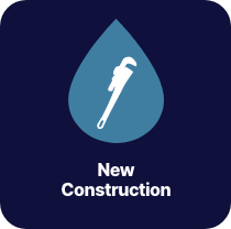 Blue square with wrench inside of water drop - Captioned New Construction