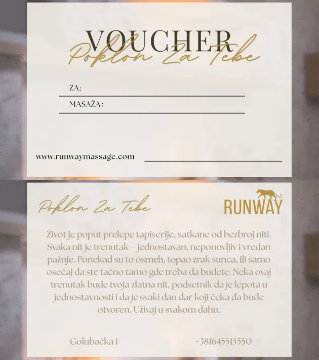 Elegantno dizajniran bež poklon vaučer sa zlatnim detaljima i prostorom za ličnu posvetu kao idealan dar u salonu Runway Massage.