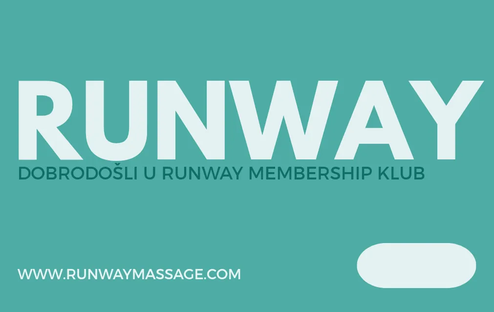 Naslovna strana tirkizne kartice sa logotipom i porukom dobrodošlice u Runway Massage Membership klub.