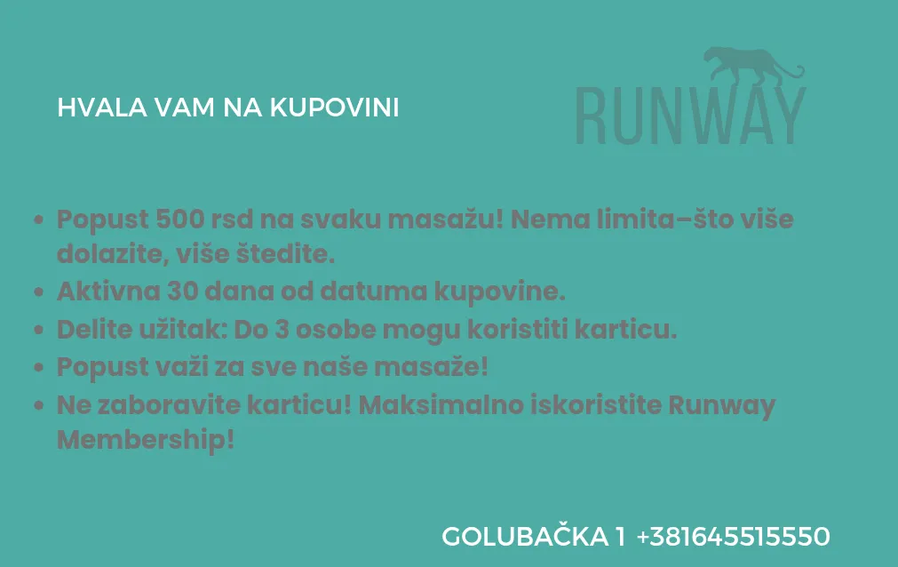 Tirkizna kartica sa spiskom pogodnosti i popusta za članove kluba lojalnosti salona Runway Massage na Vračaru.