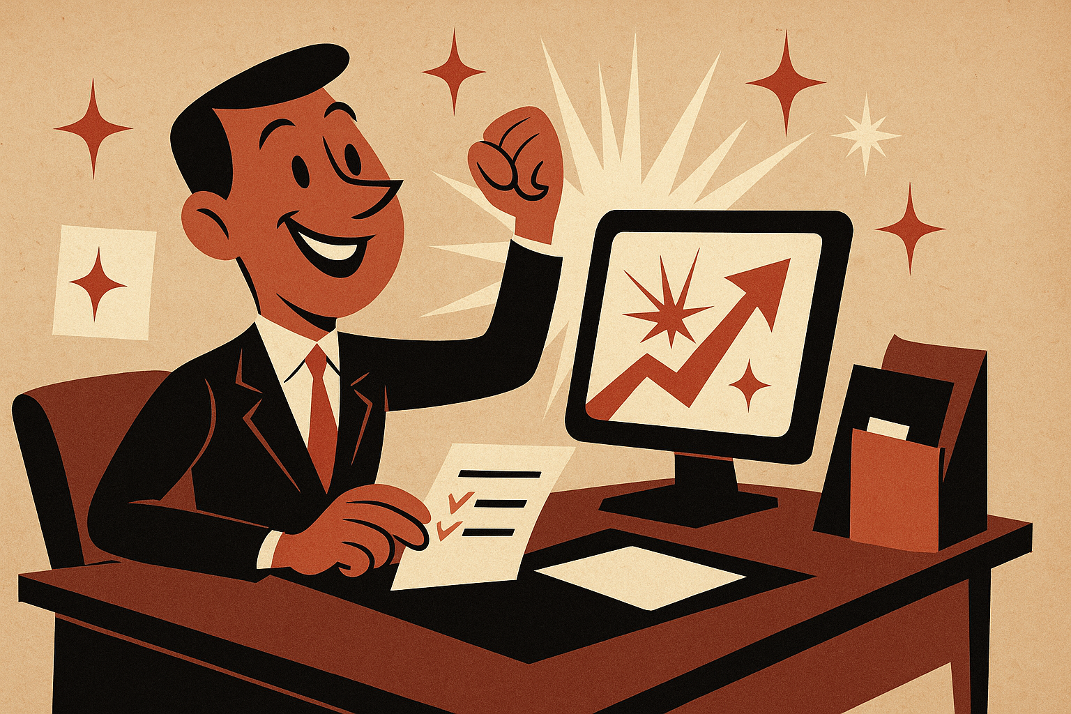 a man sitting at a desk with a computer and a paper and a fist up