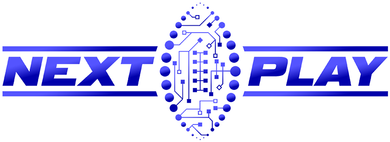 The NextPlay logo showing the two words with a computerized football in between.