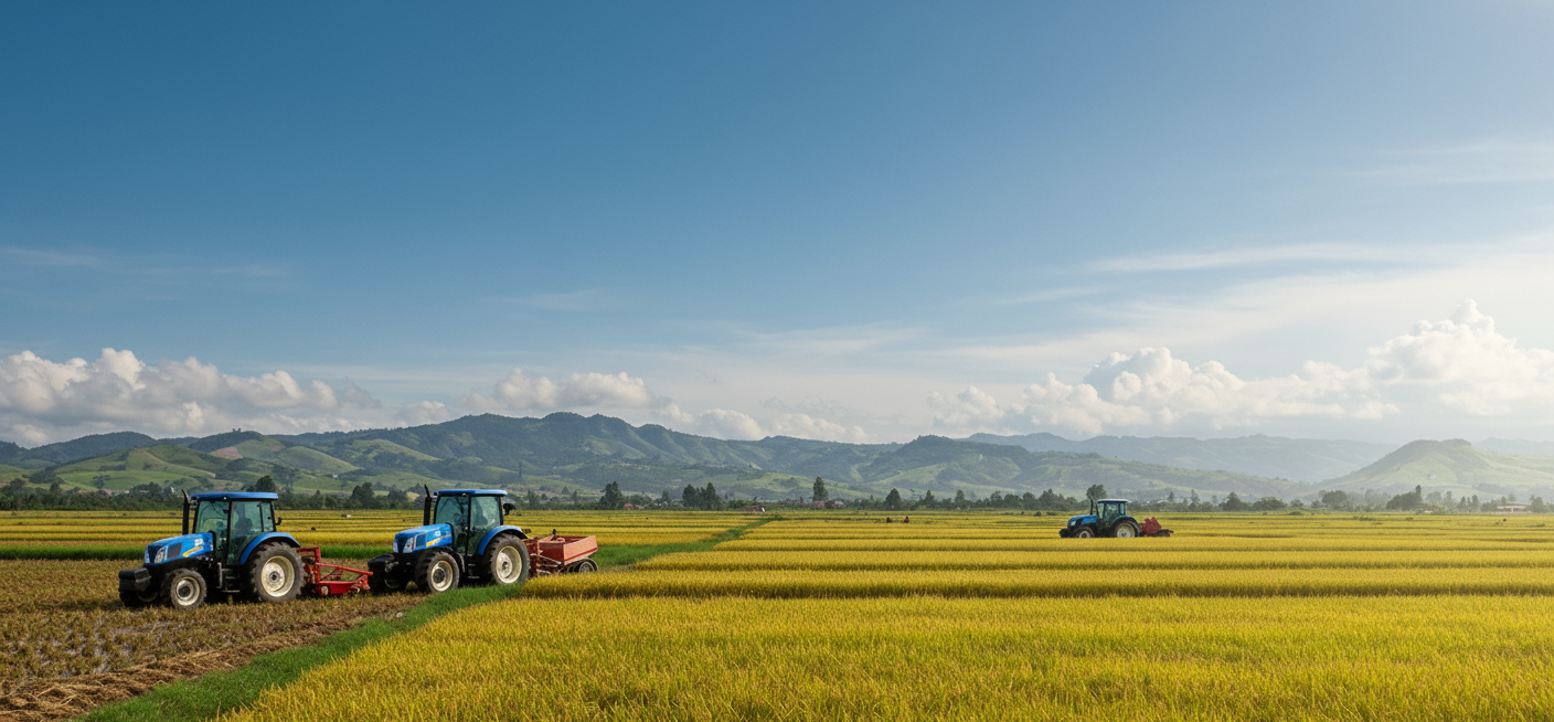 Imagen panorámica del campo ecuatoriano, con dos tractores New Holland, un cielo despejado y la cordillera a lo lejos