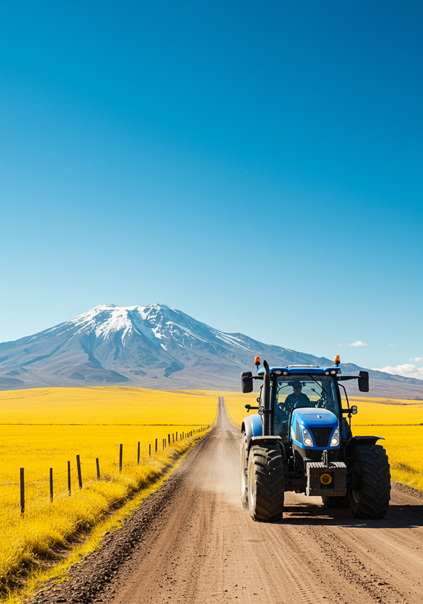 Un tractor en movimiento hacia el espectador, con la cordillera de los Andes en el fondo.