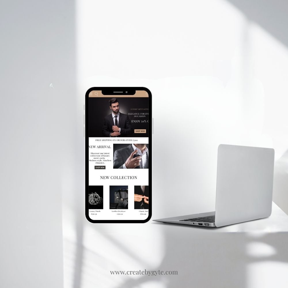 Luxury men’s clothing Shopify store design mockup – mobile and laptop view