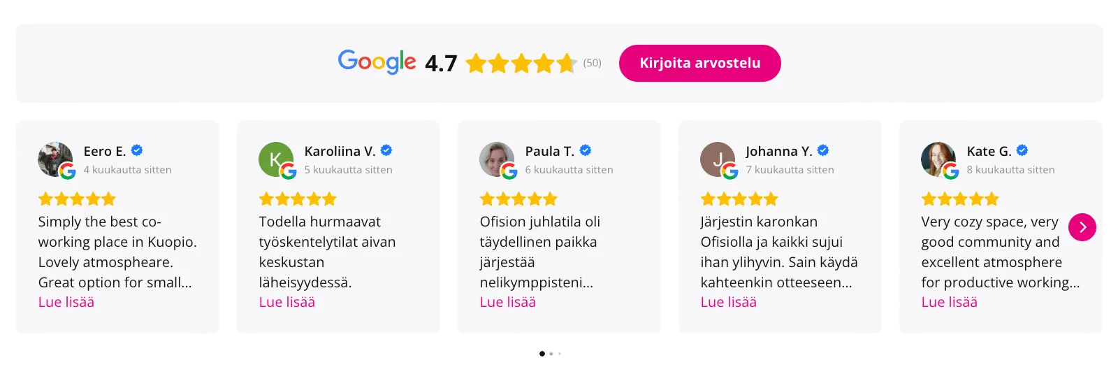 Ofision verkkosivustolle upotettu Google-arvosteluiden widget.