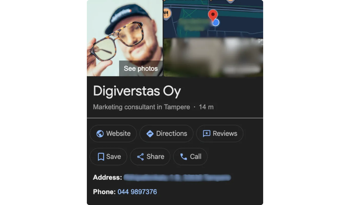 Digiverstaan Google Business Profile näkymä Google-haussa.