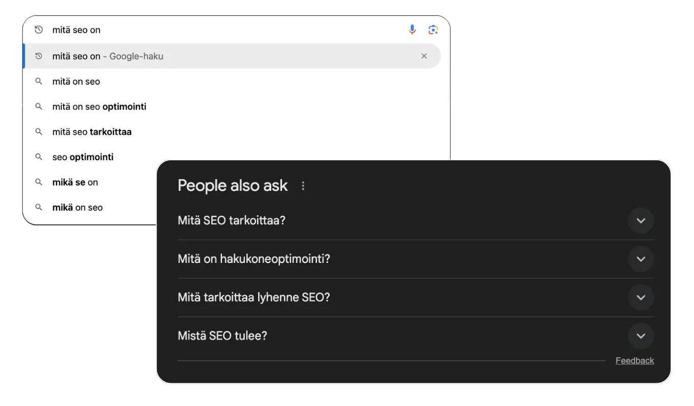 Google haun sisältä löytyy myös ehdotettuja hakuja.