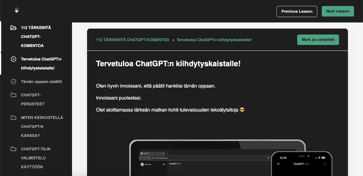 ChatGPT Suomi verkkokurssin aloitussivun näkymä.