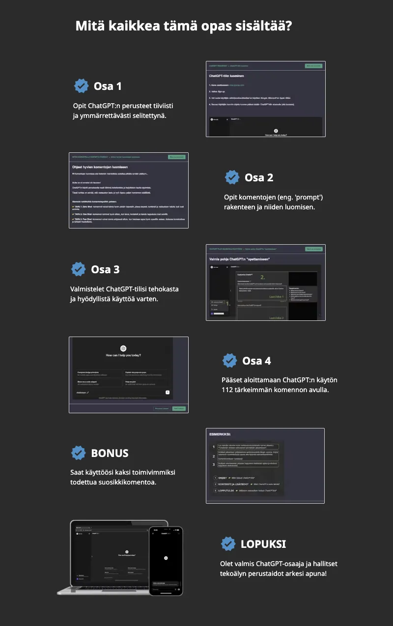 ChatGPT Suomi verkkokurssin sisältö.