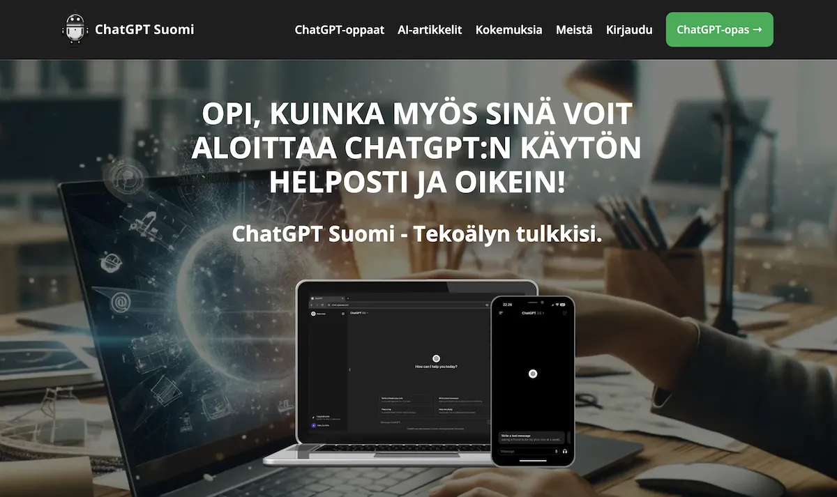 ChatGPT Suomi -verkkosivuston etusivun over the fold -näkymä.