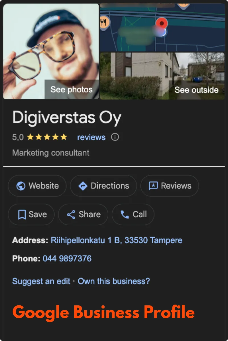 Esimerkki Digiverstaan Google-yritysprofiilin ulkoasusta.