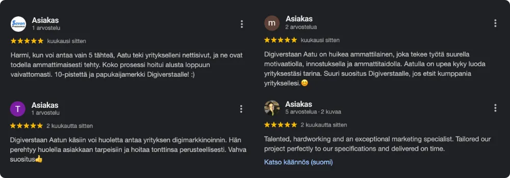 Google-arvosteluja Digiverstaan yritysprofiilista.