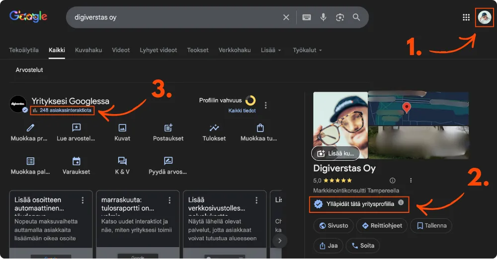Google-yritysprofiilista löytyy tarkempaa analytiikkaa profiilin suoriutumisesta.