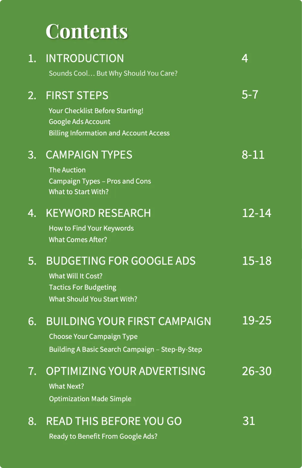 Google Ads -opinnäytetyön sisällysluettelo.