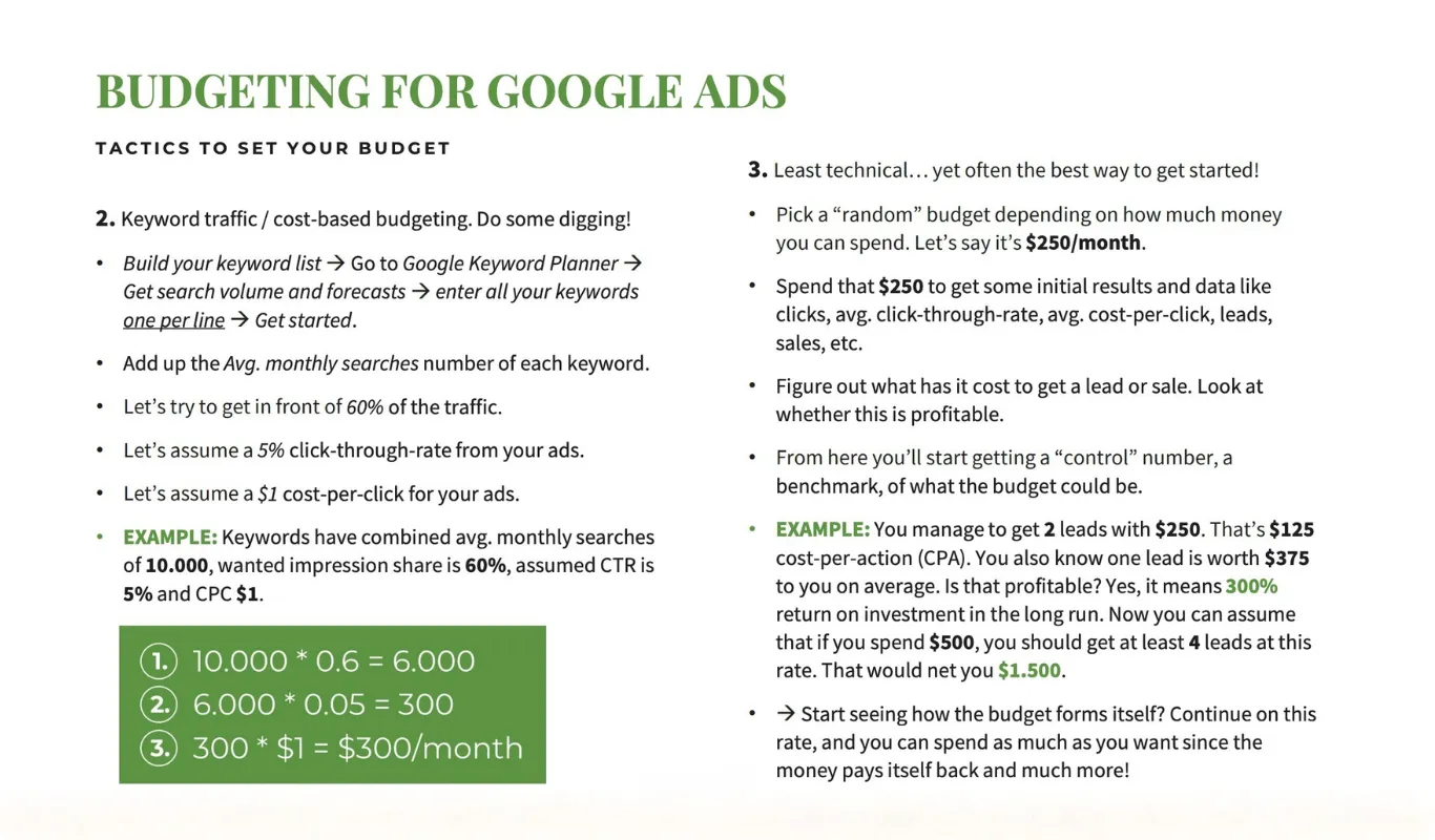 Esimerkki Google Ads -oppaan sisällöstä (budjetointi).