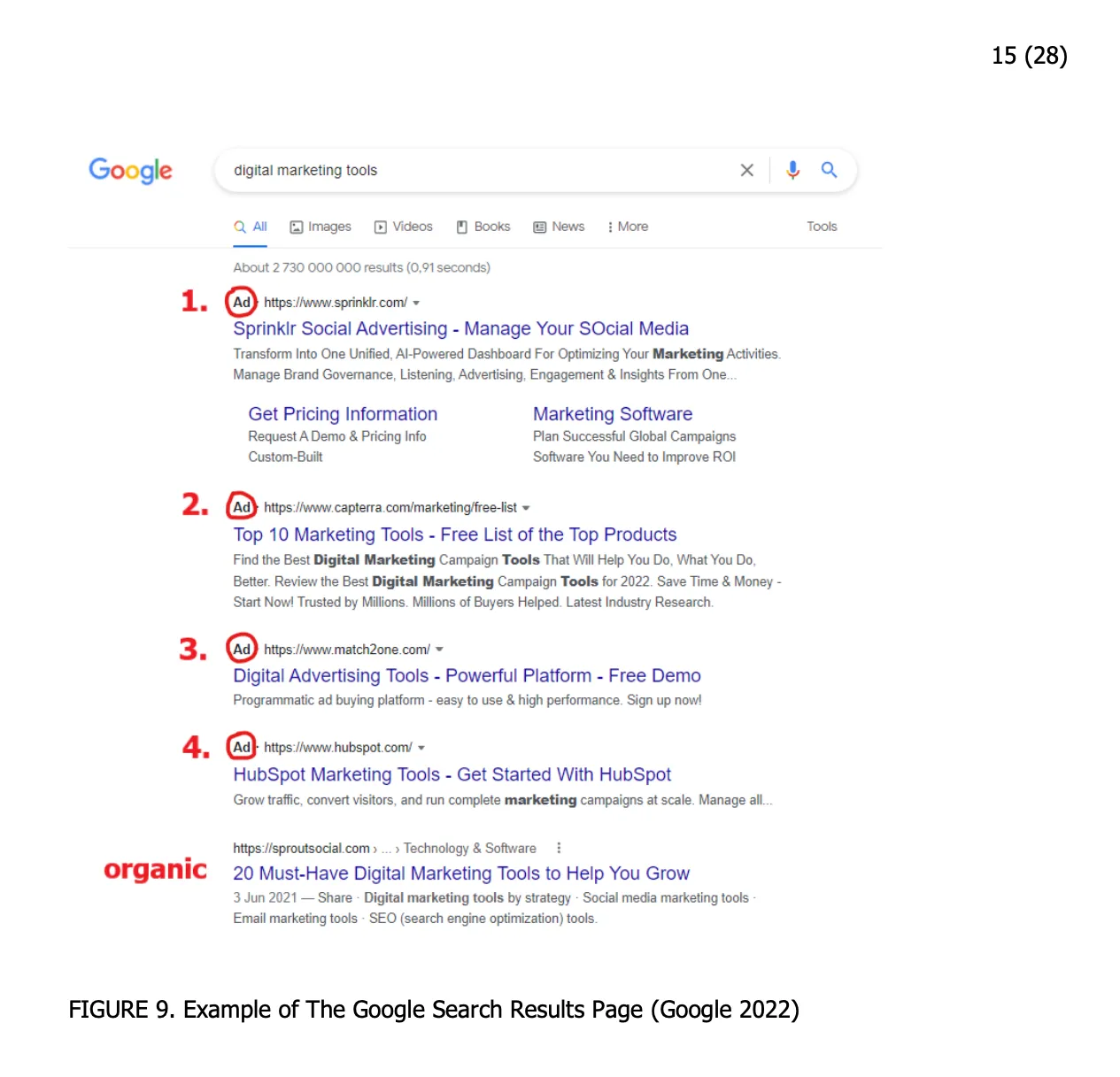 Opinnäytetyön sisältämä Googlen hakutulossivun (SERP) näkymä vuodelta 2022.