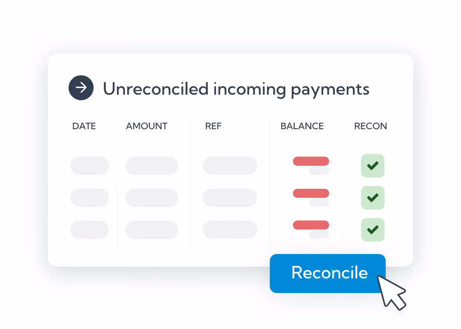 PayProp payment reconciliation screen showing unreconciled incoming payments with account balances and a reconcile action button.