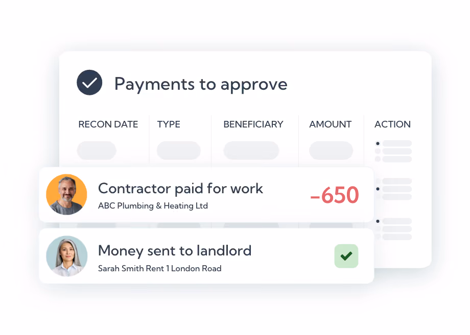 PayProp payment approval displaying contractor and landlord payouts awaiting authorisation in a client accounting system.