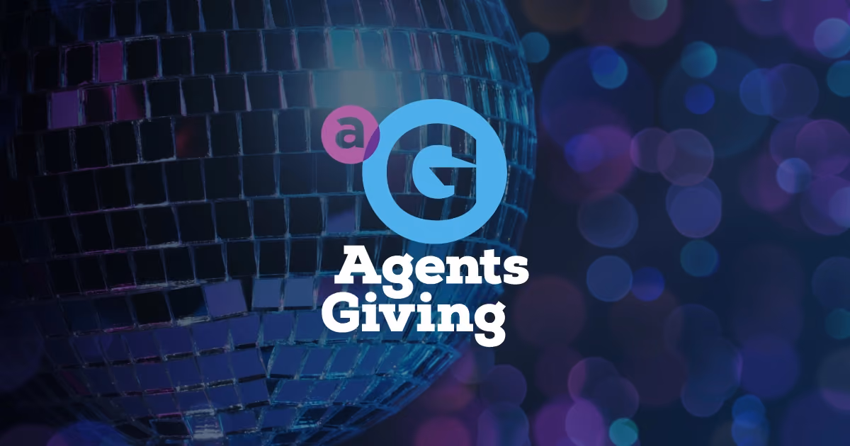 The Agents Giving logo in front of a mirror ball