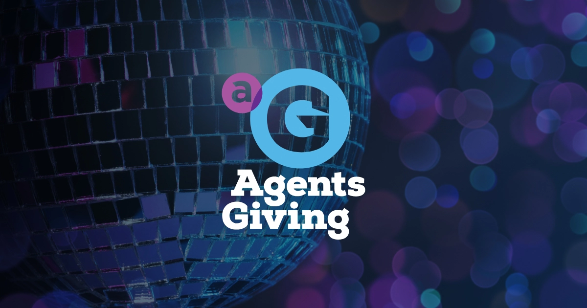 The Agents Giving logo in front of a mirror ball