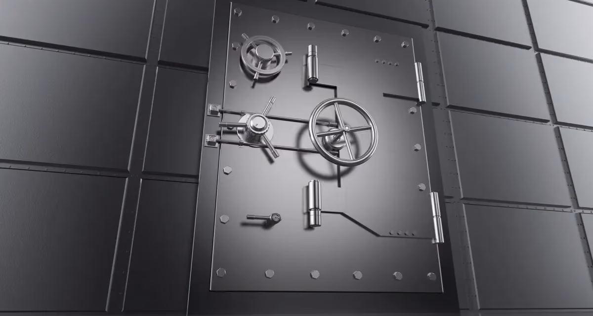 A picture of a bank volt door