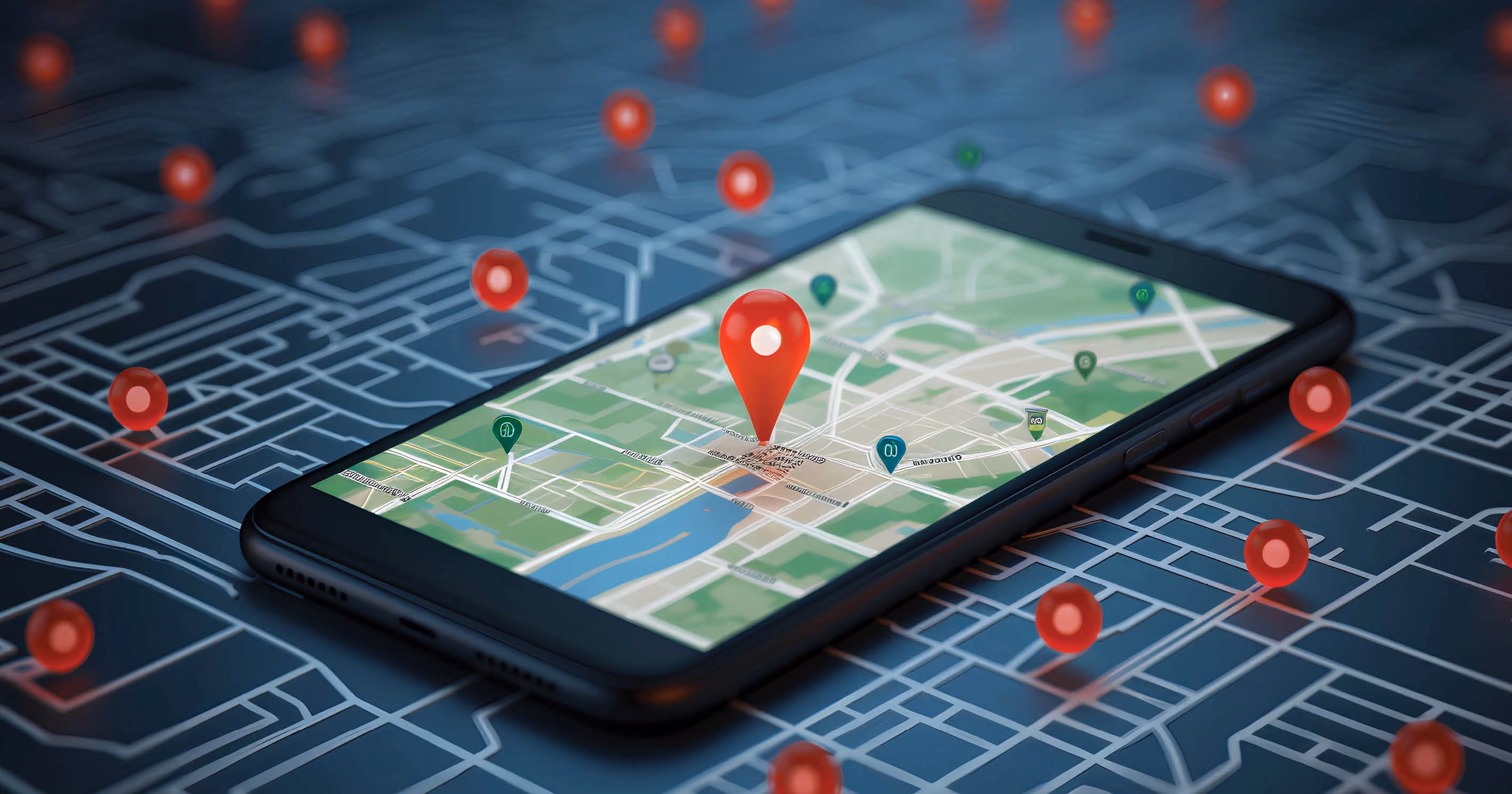 A phone sitting on a blue circuit board background with red location markers on it