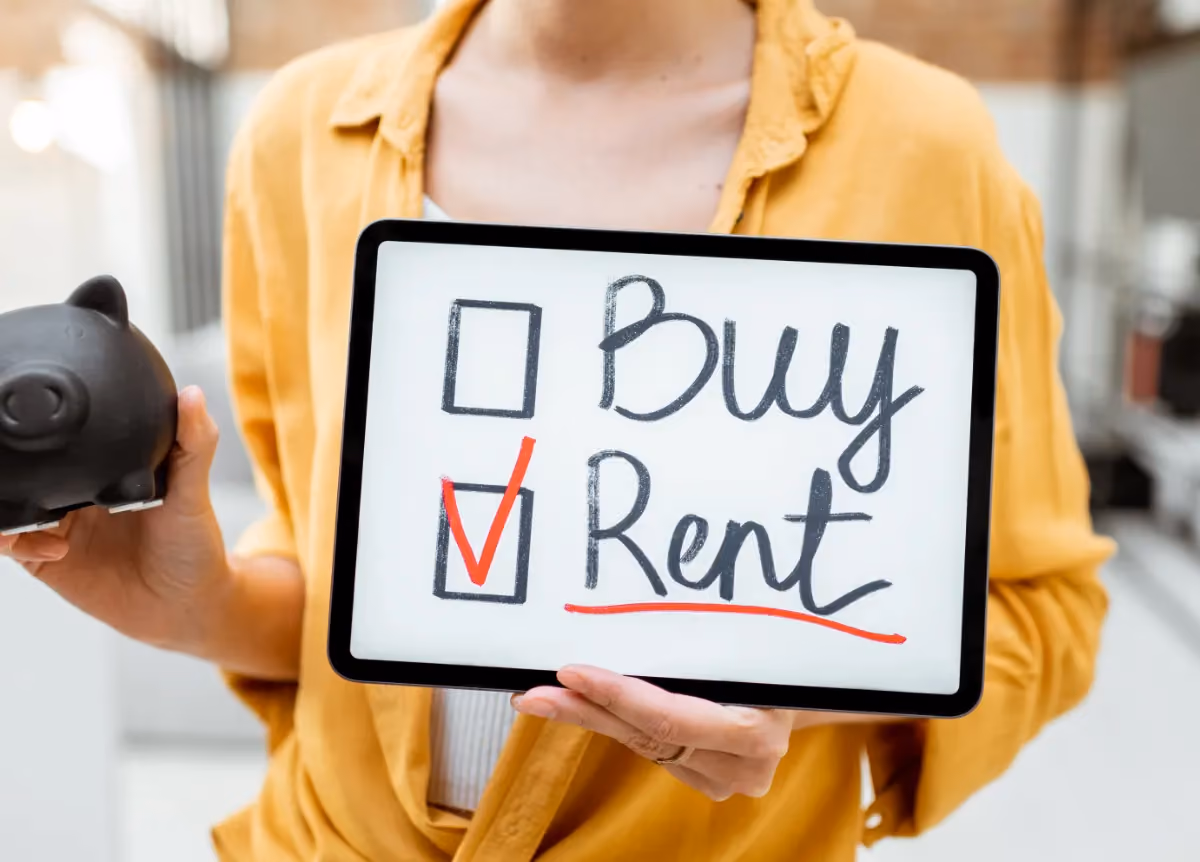 Woman checks box that says "Rent" instead of box that says "Buy"