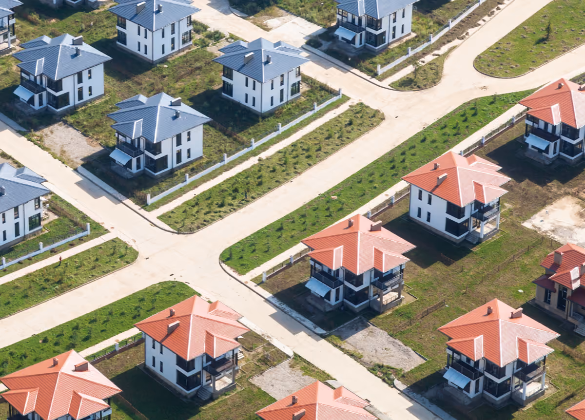 Aerial view of suburban, single-family neighborhood