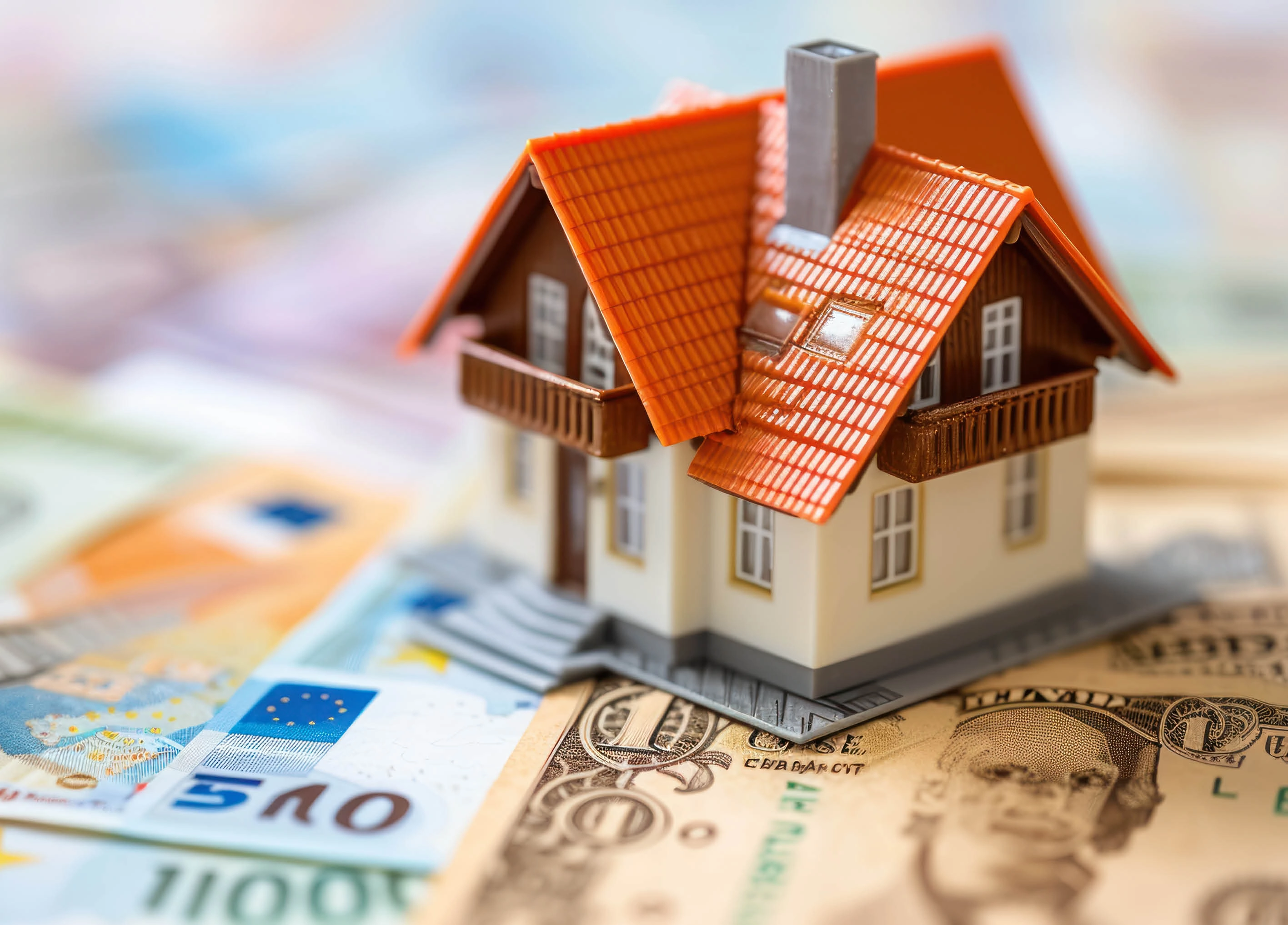 Model of house on top of various foreign currencies
