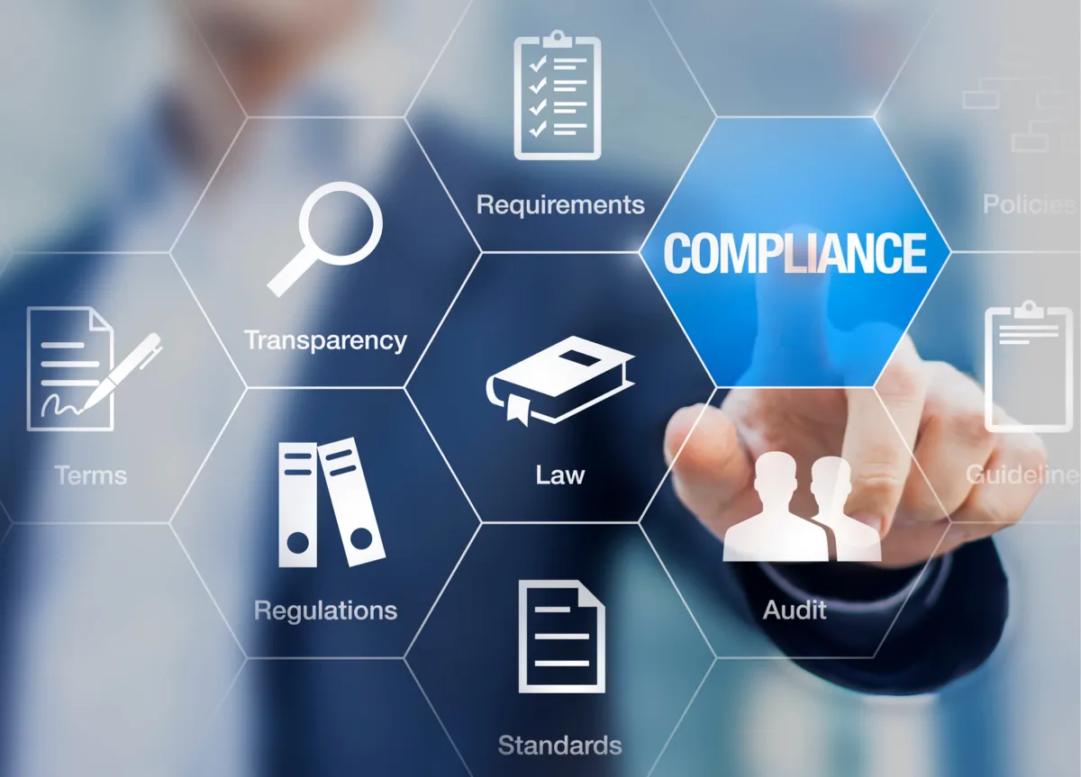 A man interacting with a virtual interface showing compliance and law elements