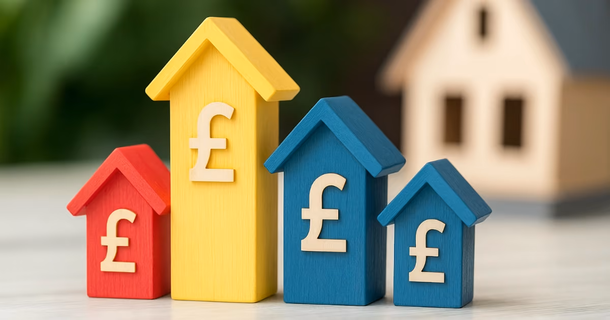 Four upwards arrows in the shape of houses