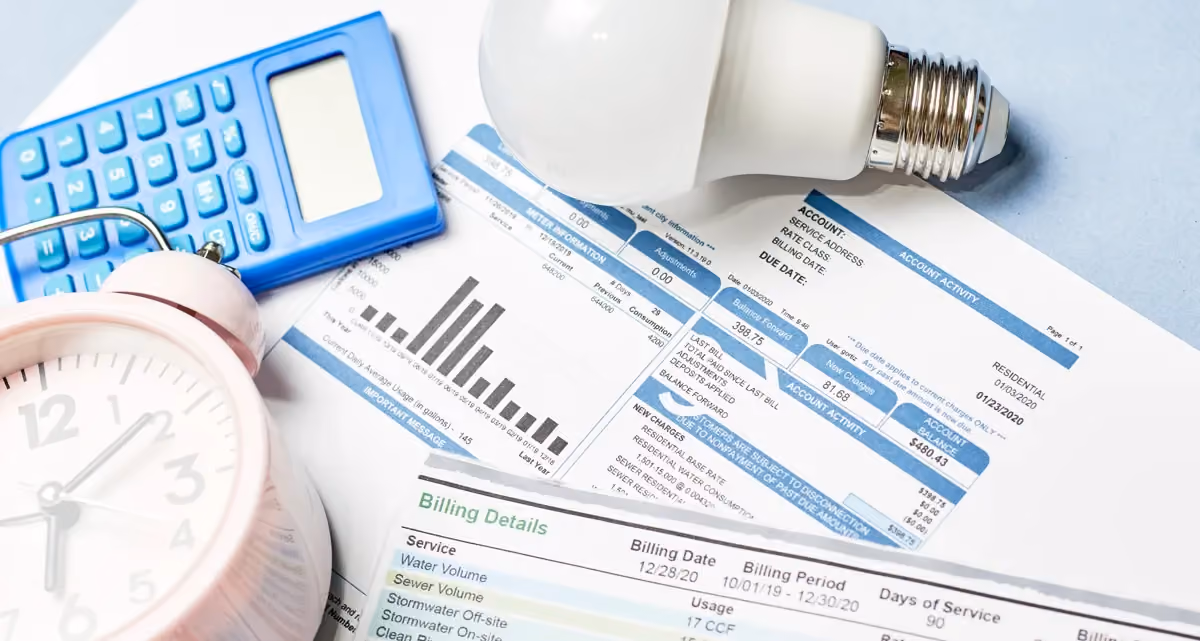 Printed energy bills with a lightbulb, calculator and alarm c
