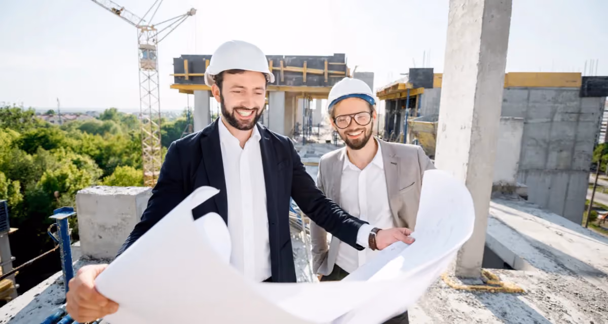 Two men in hard hats on a construction site looking at a plan