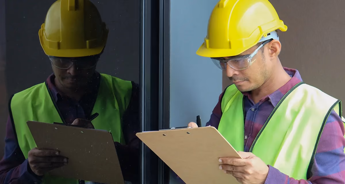 A construction worker wearing protective head and eye gear filling out a form