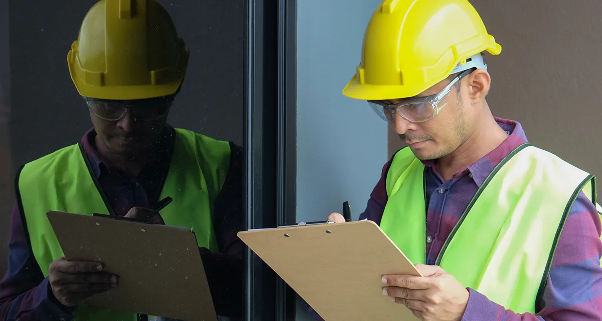 A construction worker wearing protective head and eye gear filling out a form