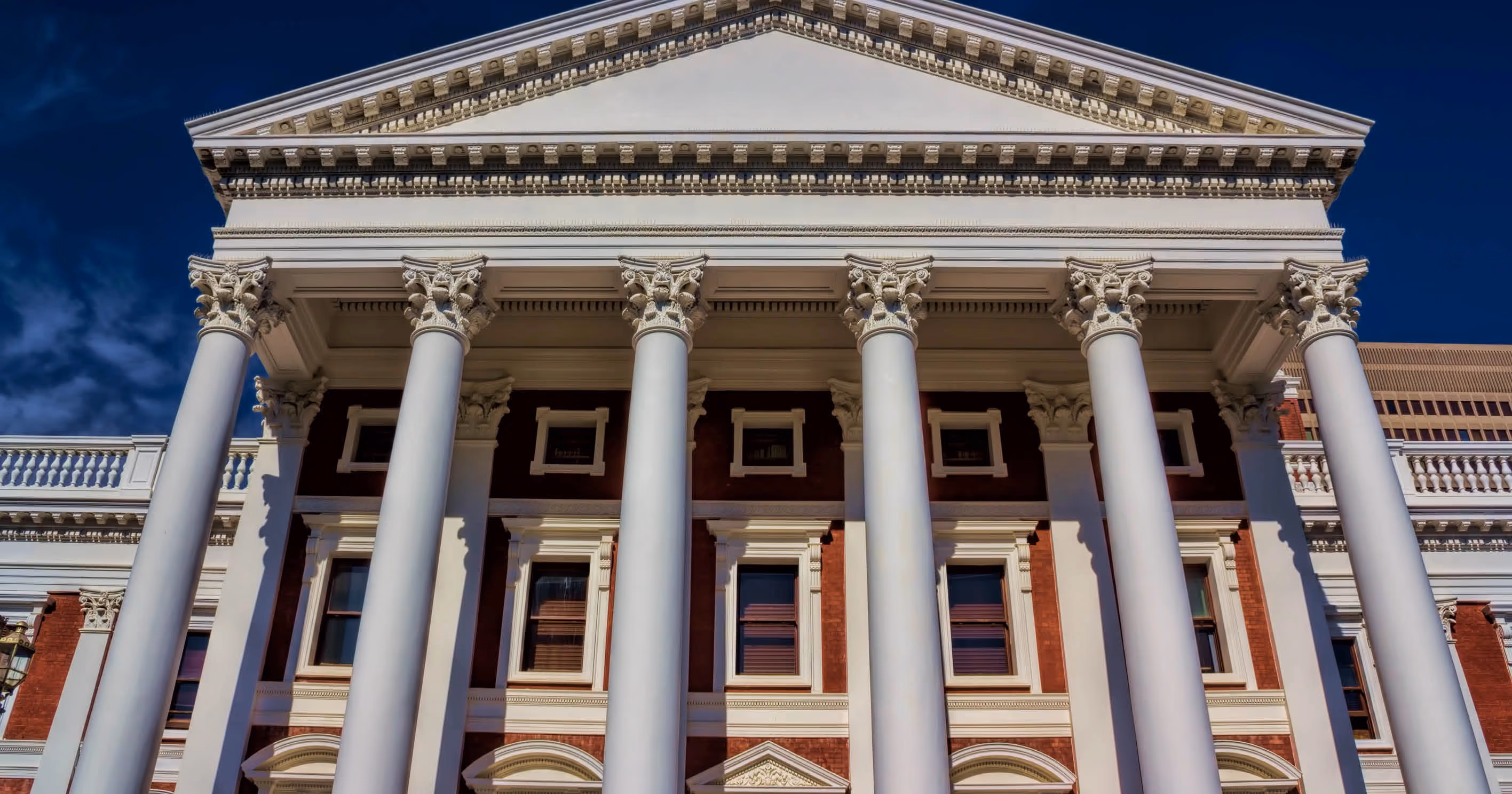 The front of the South African Parliament building