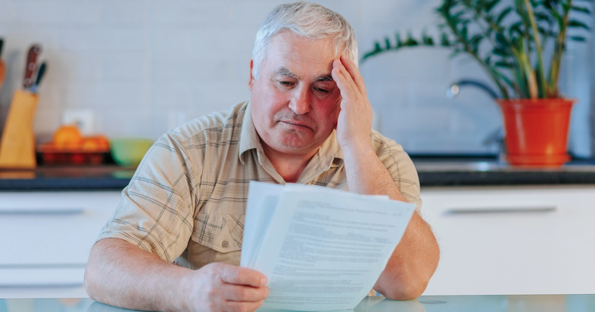 A sad-looking man looking at a document