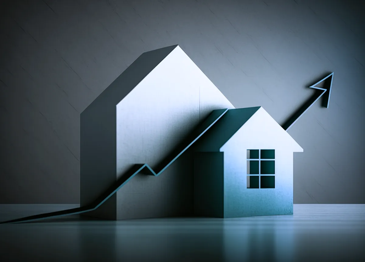3D illustration of a house with an ascending arrow as the roof