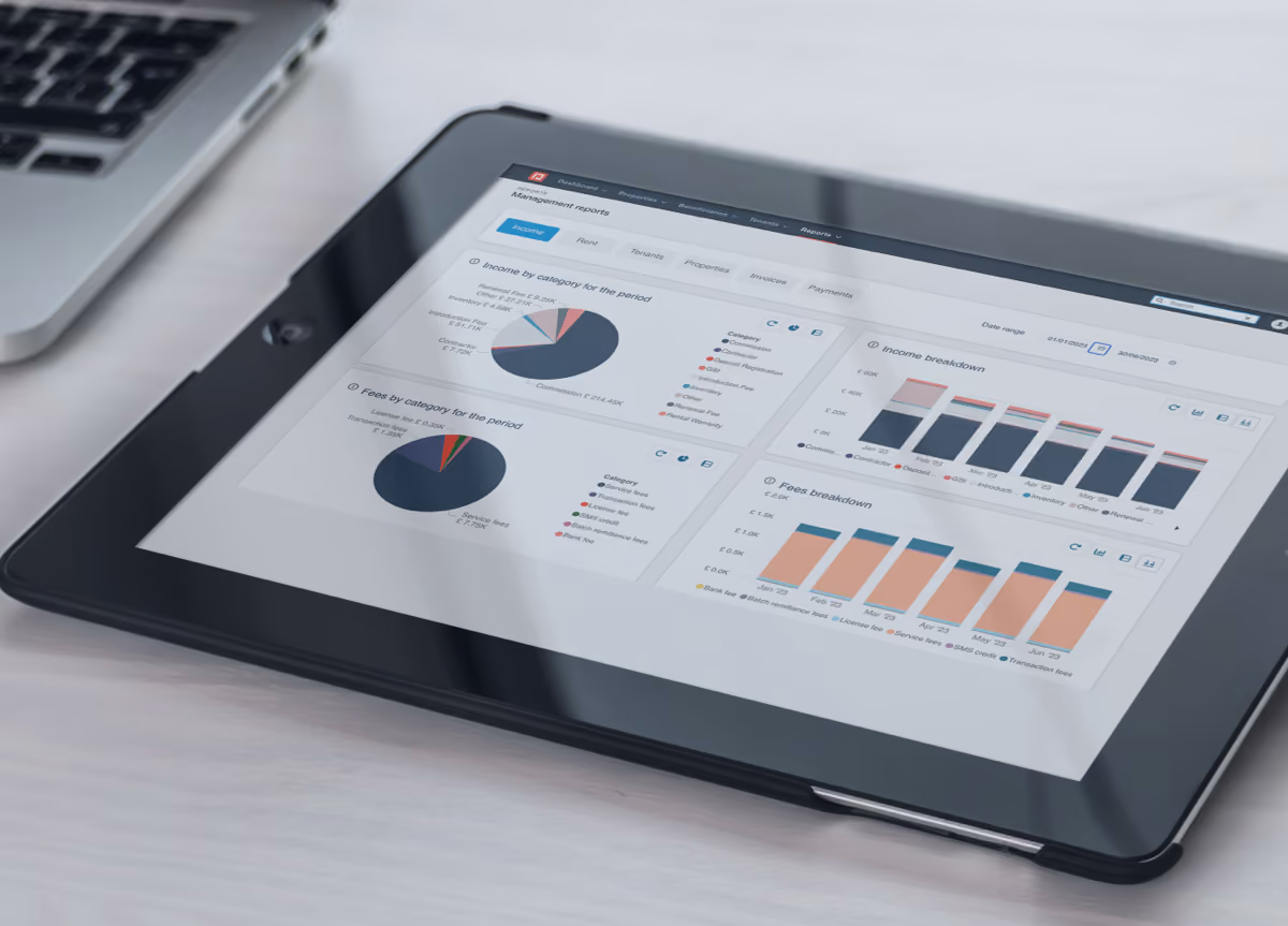 A tablet displaying the PayProp management reporting feature