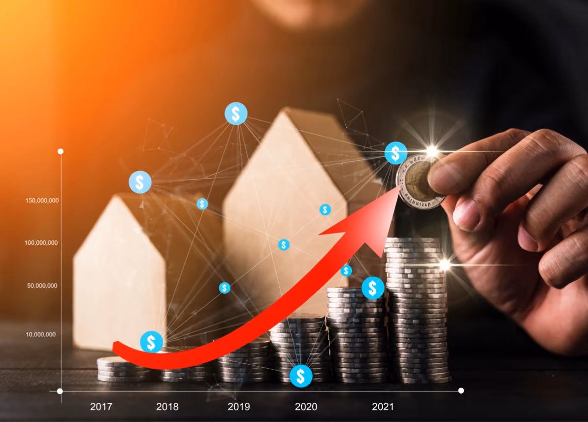 Stacks of coins on chart with growing value on black background