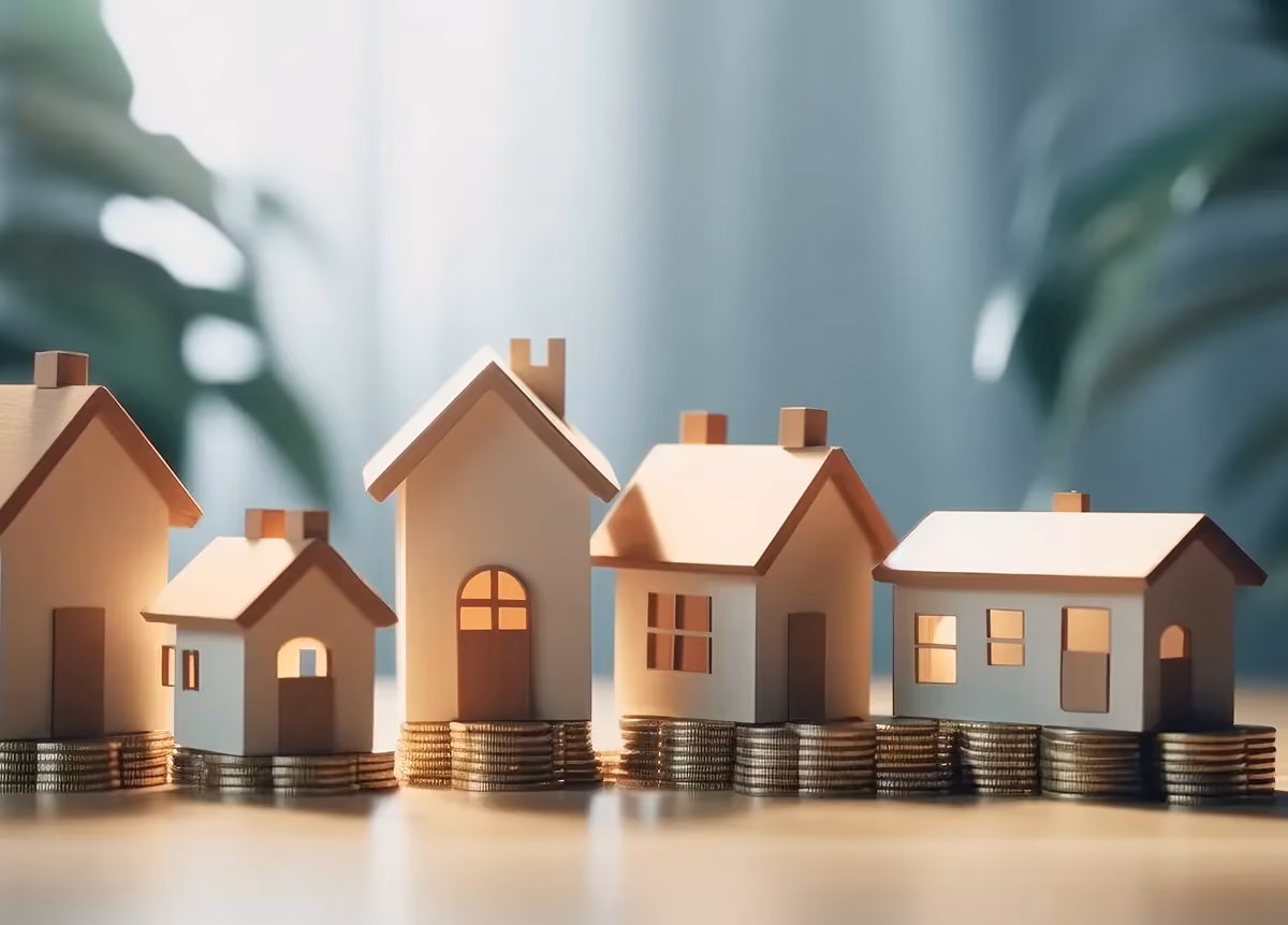 Four model houses sitting on stacks of coins
