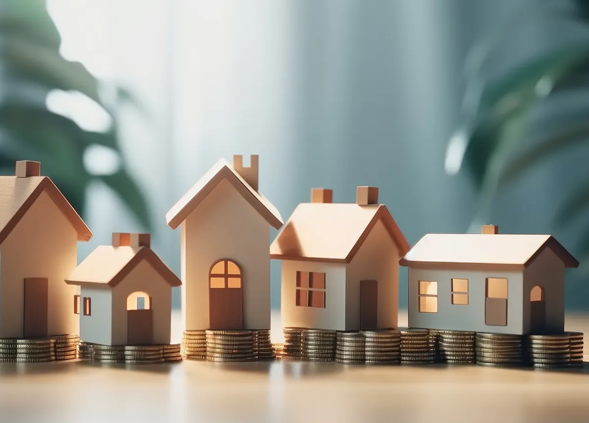 Four model houses sitting on stacks of coins
