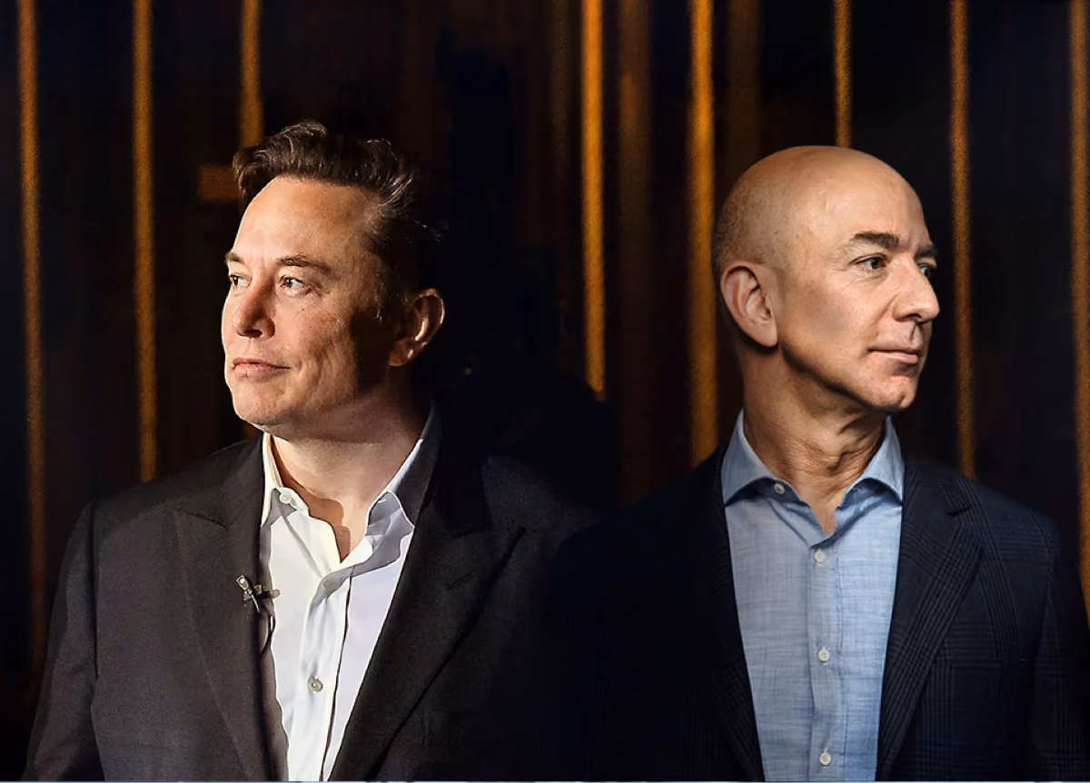 Close up of Elon Musk and Jeff Bezos standing side by side.