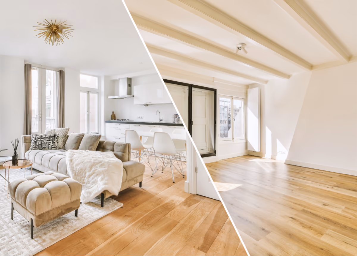 Side by side comparison of a furnished living room and an unfurnished living room